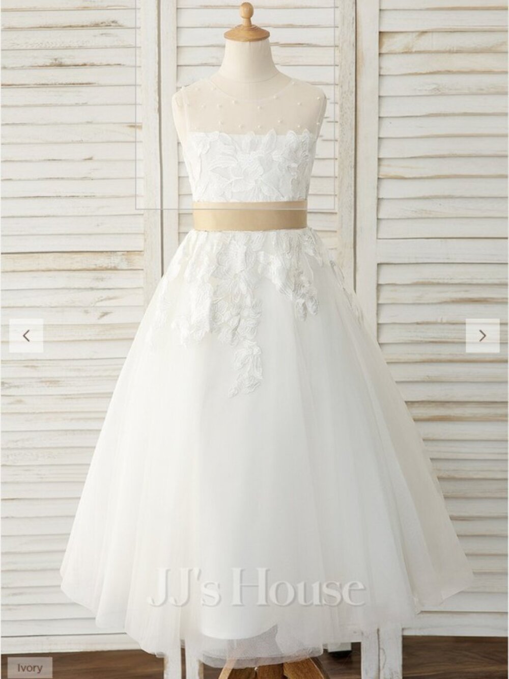 Ivory A-line Scoop Ankle-Length Lace Tulle Flower Girl Dress With Sash